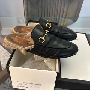 Gucci Princetown Leather Fur Slippers Slides Shoes